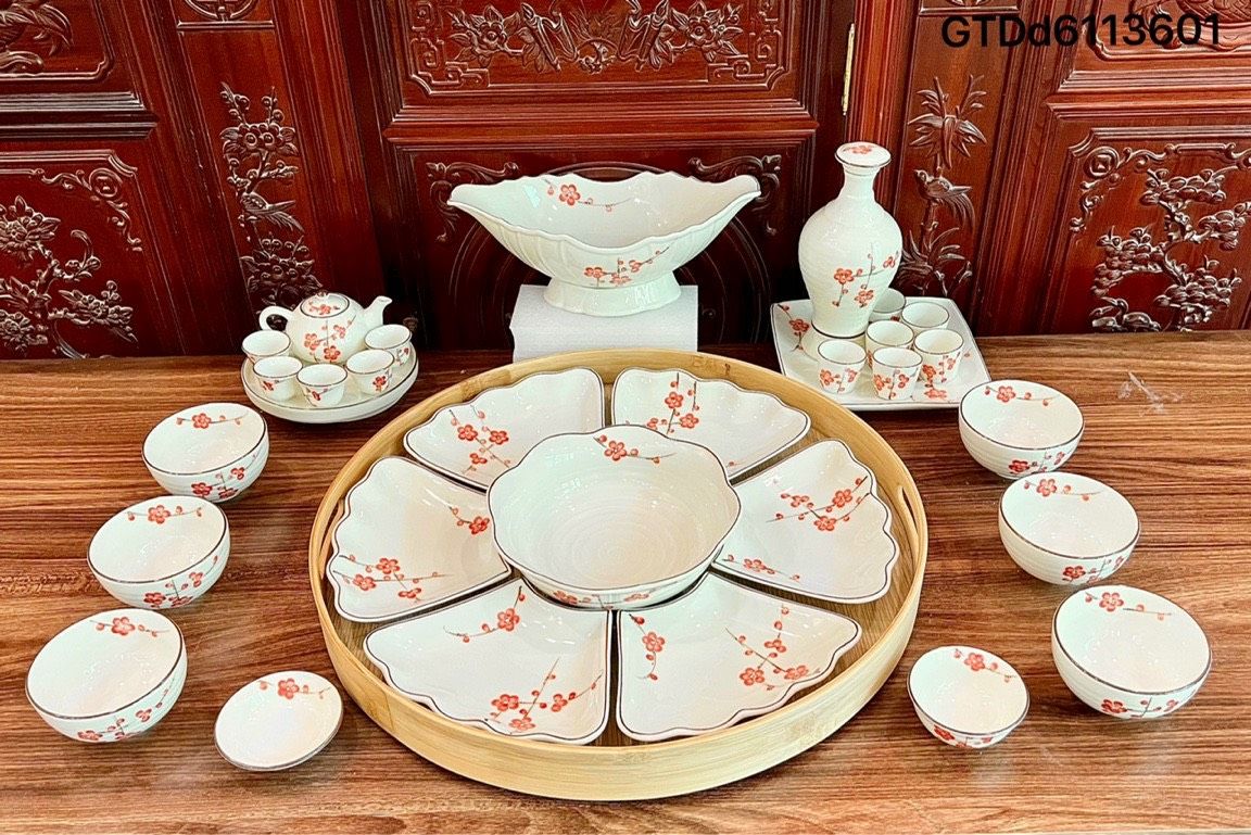 Bộ bát đĩa Hoa mặt trời Bát Tràng họa tiết Đào đỏ DH