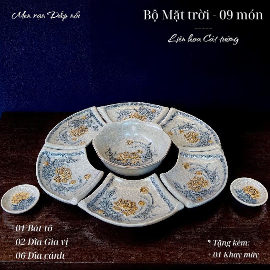 Bộ bát đĩa cúng / Bộ mặt trời men rạn nổi - Liên hoa cát tường PA