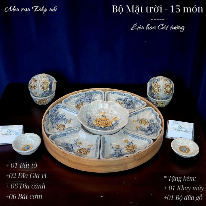 Bộ bát đĩa cúng / Bộ mặt trời men rạn nổi - Liên hoa cát tường DAV