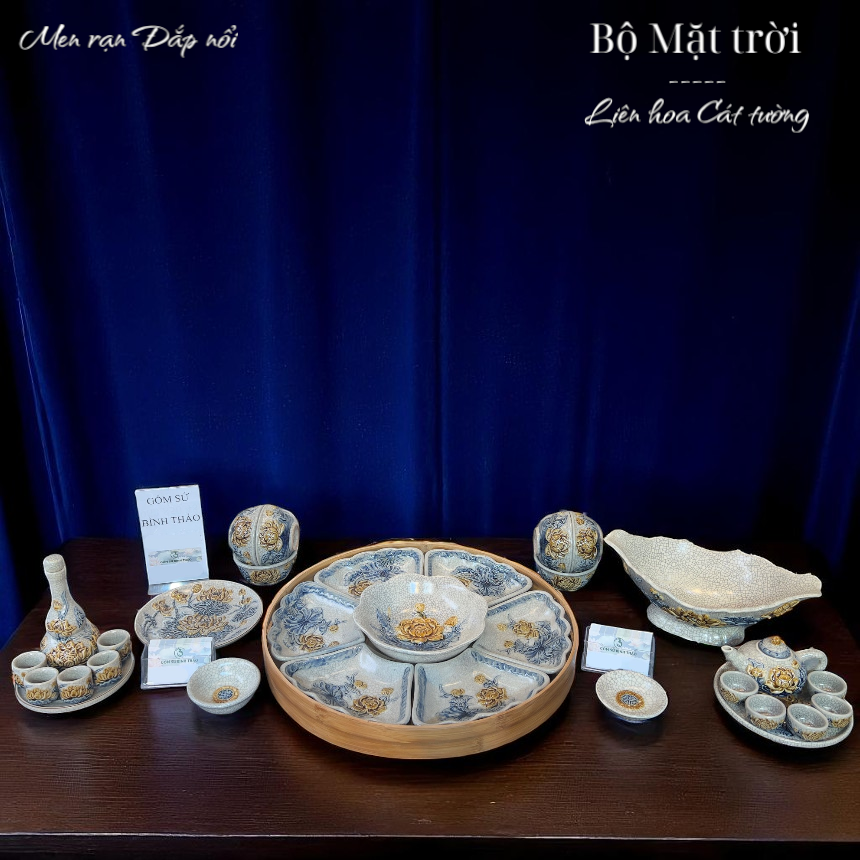 Bộ bát đĩa cúng / Bộ mặt trời men rạn nổi - Liên hoa cát tường DAV