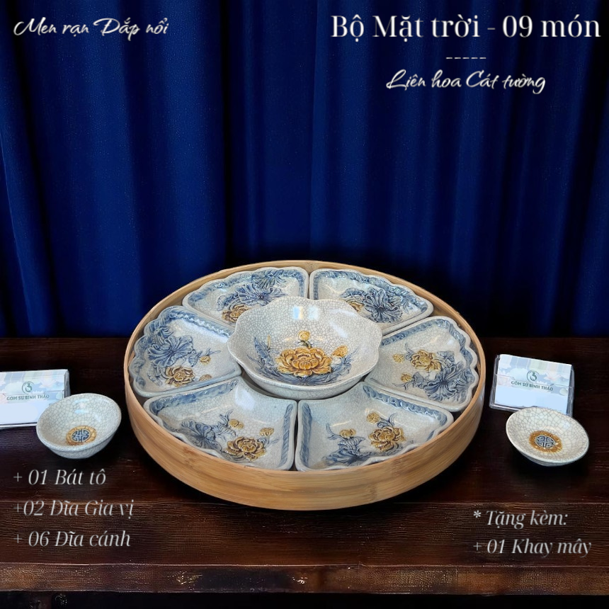 Bộ bát đĩa cúng / Bộ mặt trời men rạn nổi - Liên hoa cát tường DAV