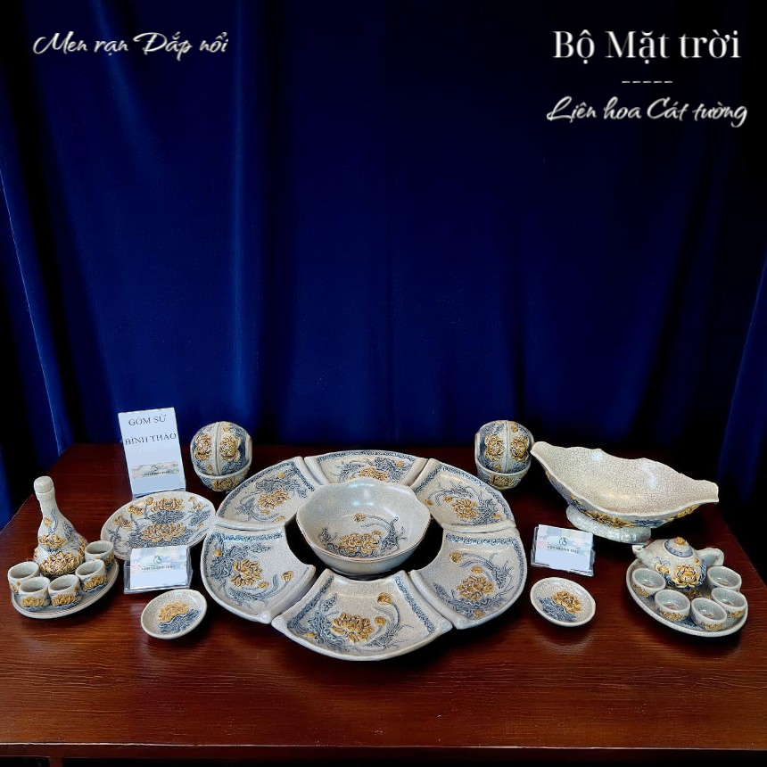 Bộ bát đĩa cúng / Bộ mặt trời men rạn nổi - Liên hoa cát tường PA