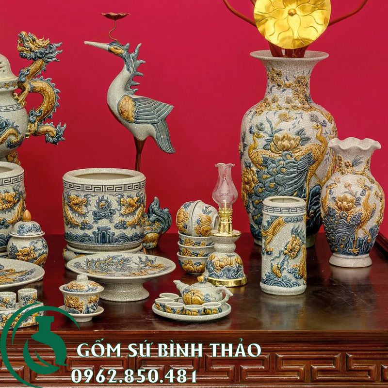 Bộ đồ thờ ban thờ 1m97 men rạn đắp nổi rồng