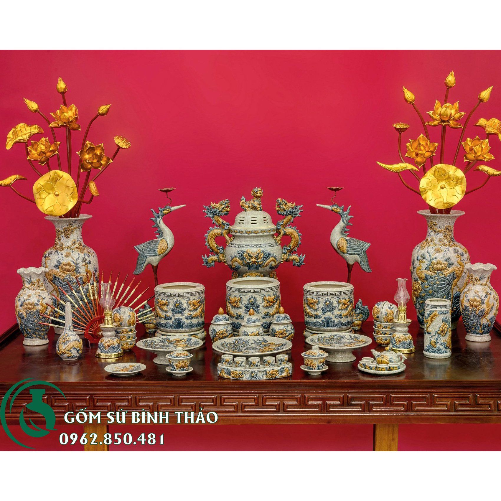 Bộ đồ thờ ban thờ 1m97 men rạn đắp nổi rồng