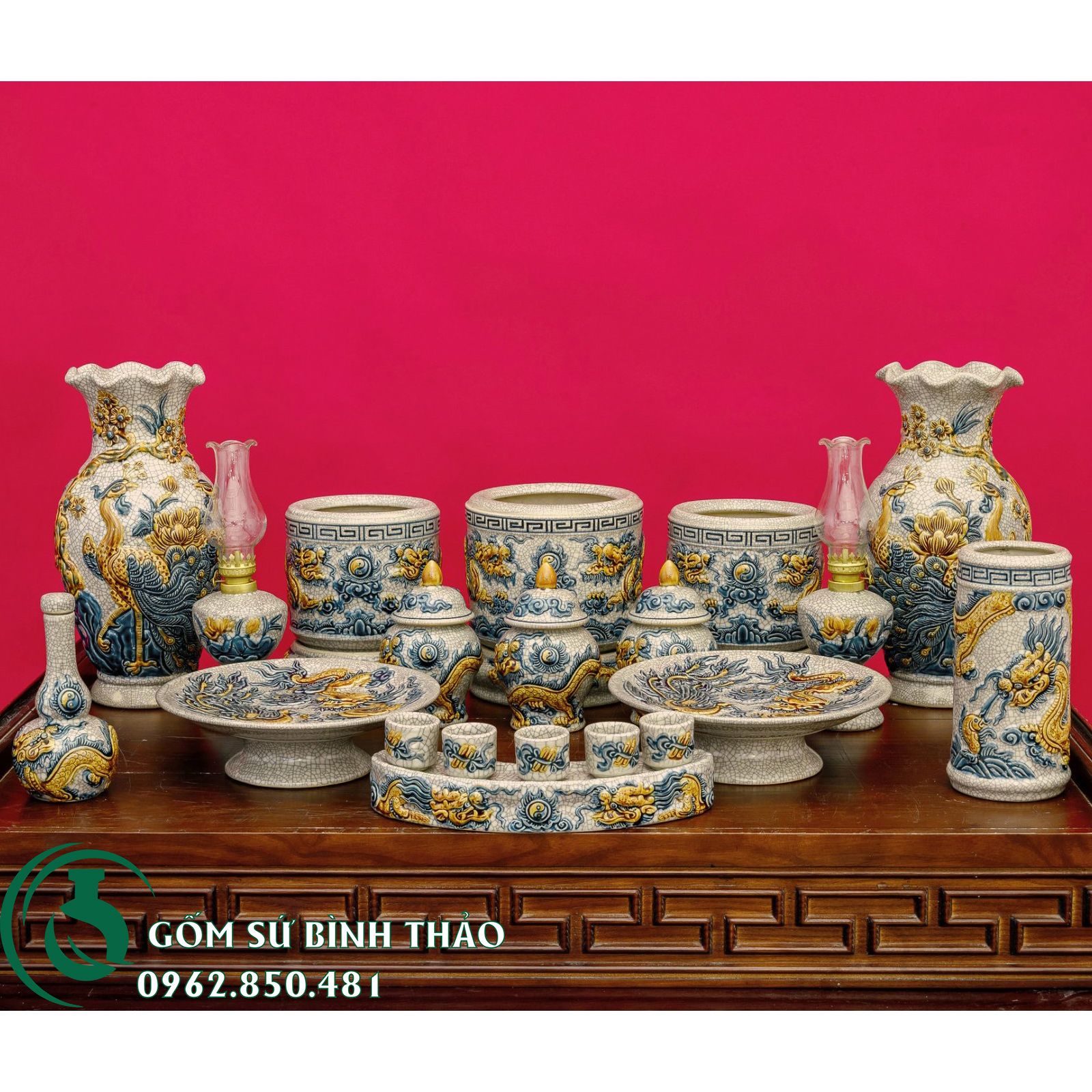 Bộ đồ thờ 3 bát hương - Ban 1m27 - 2m17