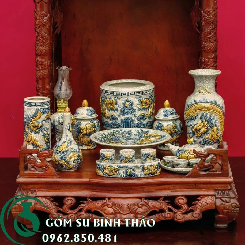 Bộ đồ thờ Thần Tài Men rạn Bát Tràng PATT05
