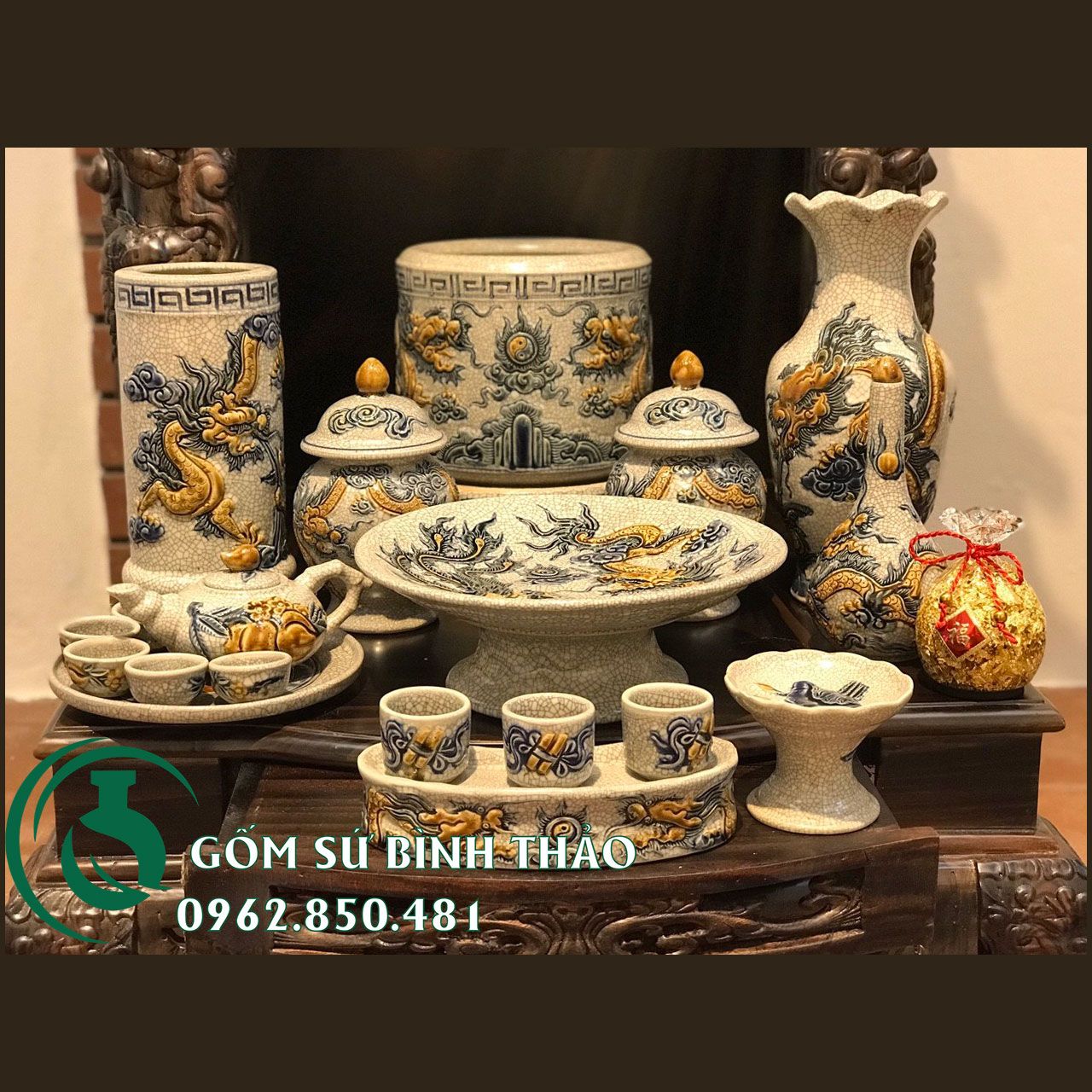 Bộ ban thờ thần tài men rạn gốm sứ Bát Tràng PATT06