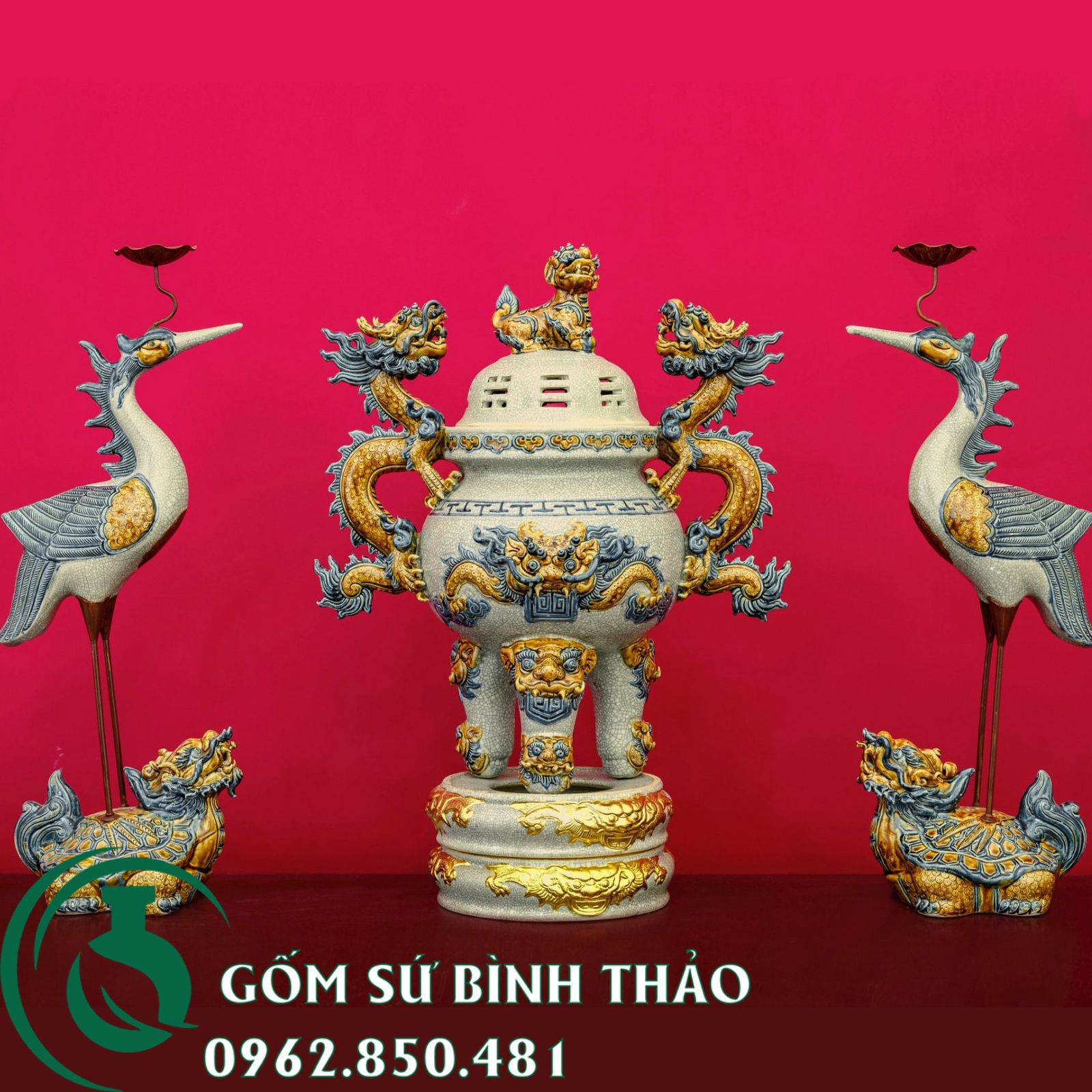 Bộ đồ thờ ban thờ 1m97 men rạn đắp nổi rồng