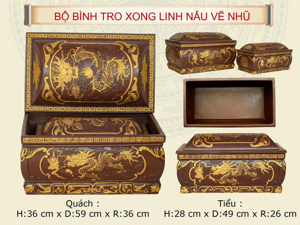 Bộ Quách Tiểu Bình Tro Xong Linh Nâu Vẽ Nhũ