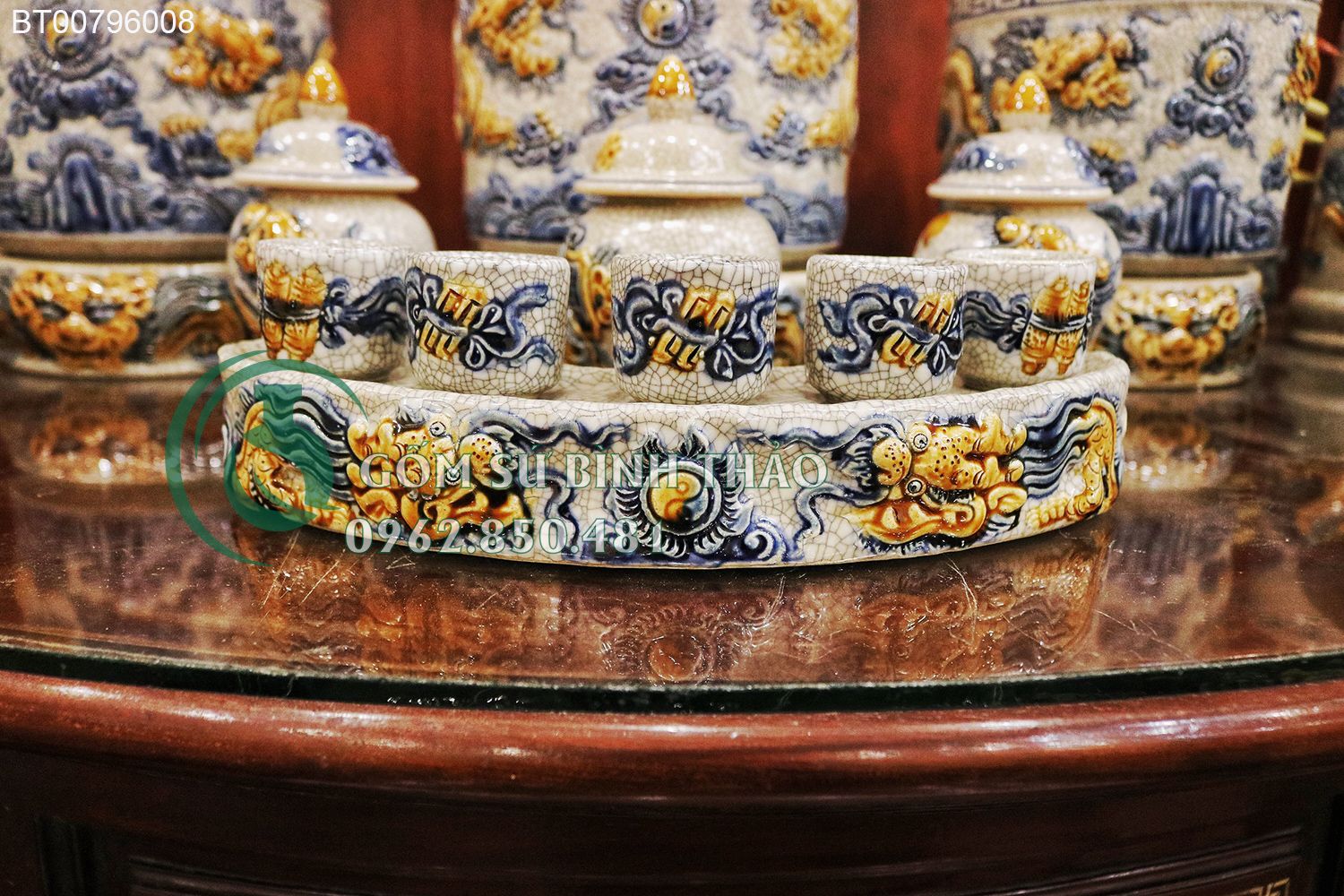 Bộ đồ thờ gia tiên men rạn đắp nổi gốm sứ nghệ nhân Bát Tràng đủ kích cỡ BT008