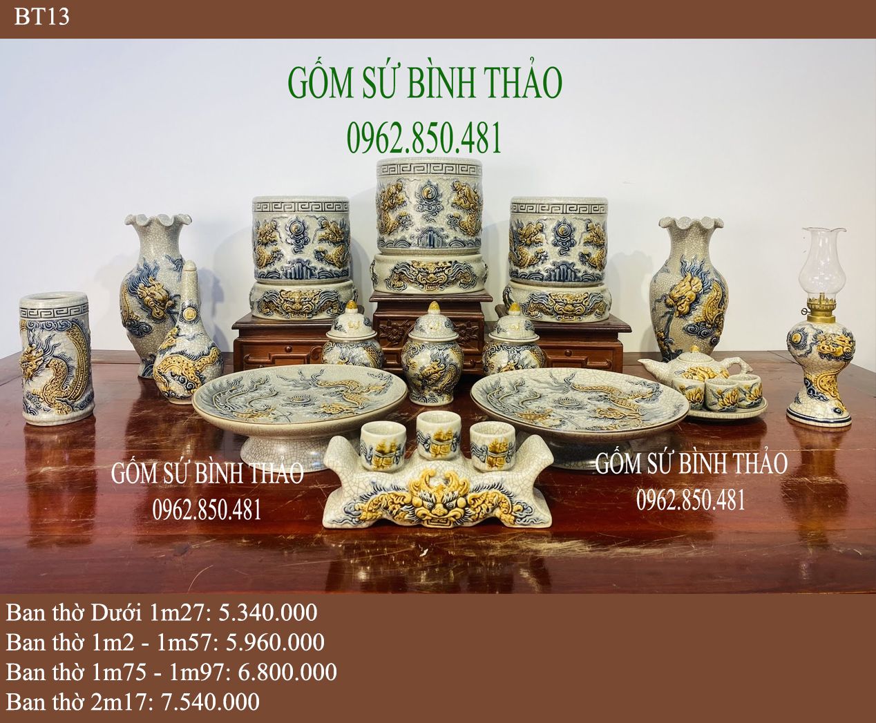 Bộ đồ thờ Men Rạn đắp nổi Bát Tràng hàng Nghệ nhân BT13