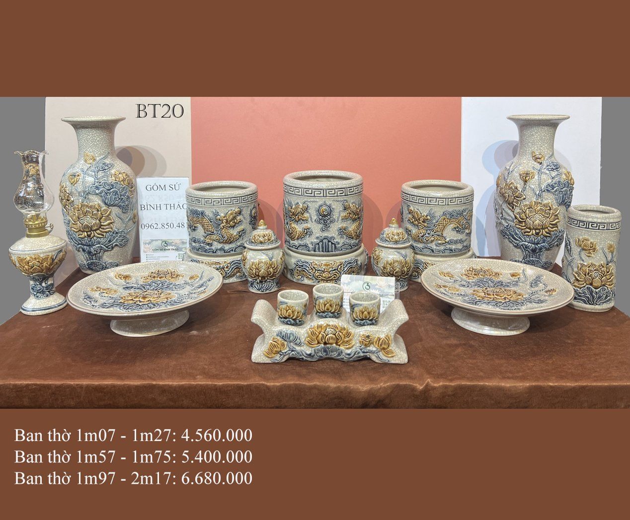 Bộ đồ thờ 3 bát hương thờ Gia tiên Gốm sứ Men rạn Đắp nổi Bát Tràng BT20