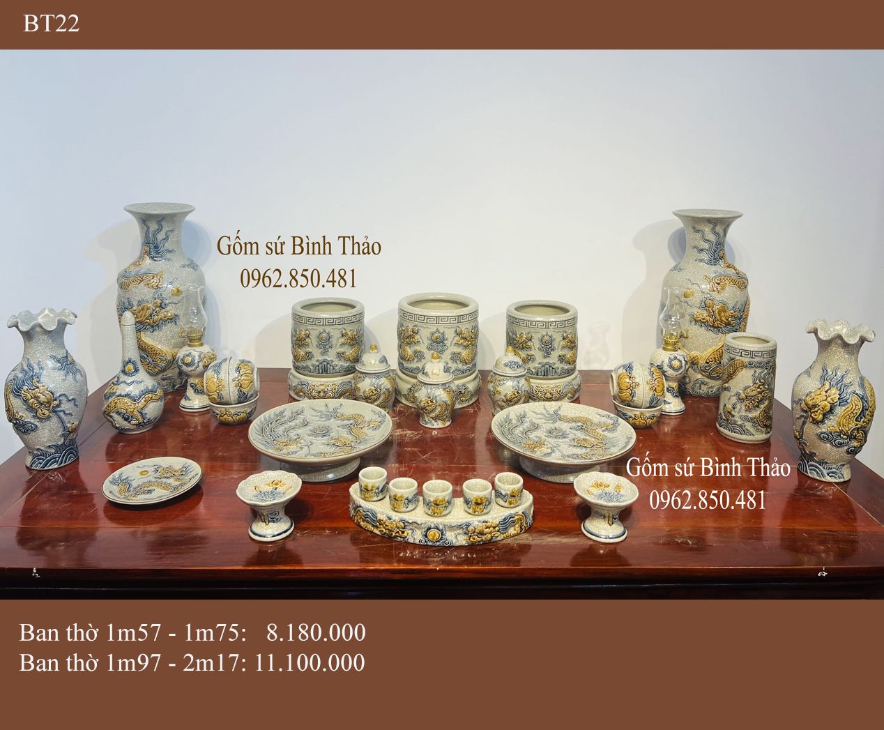Bộ đồ thờ cơ bản thờ Gia tiên Gốm sứ Men rạn Đắp nổi Bát Tràng BT22