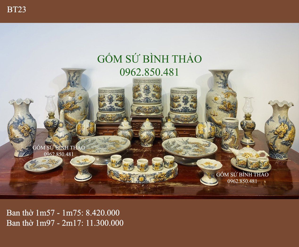 Bộ bát hương thờ Gia tiên Gốm sứ Men rạn Đắp nổi Bát Tràng BT23