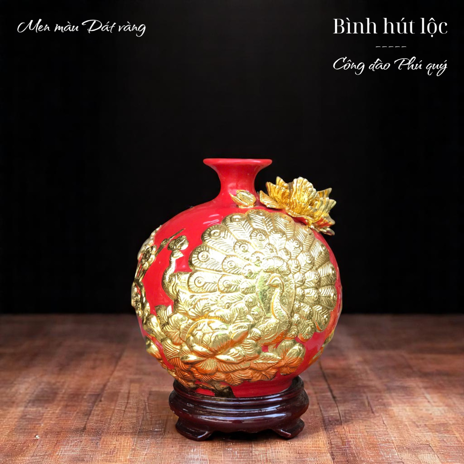 Bình hút lộc Công thành danh toại - Men màu Họa tiết Đắp nổi Dát vàng HLVHCDXDV
