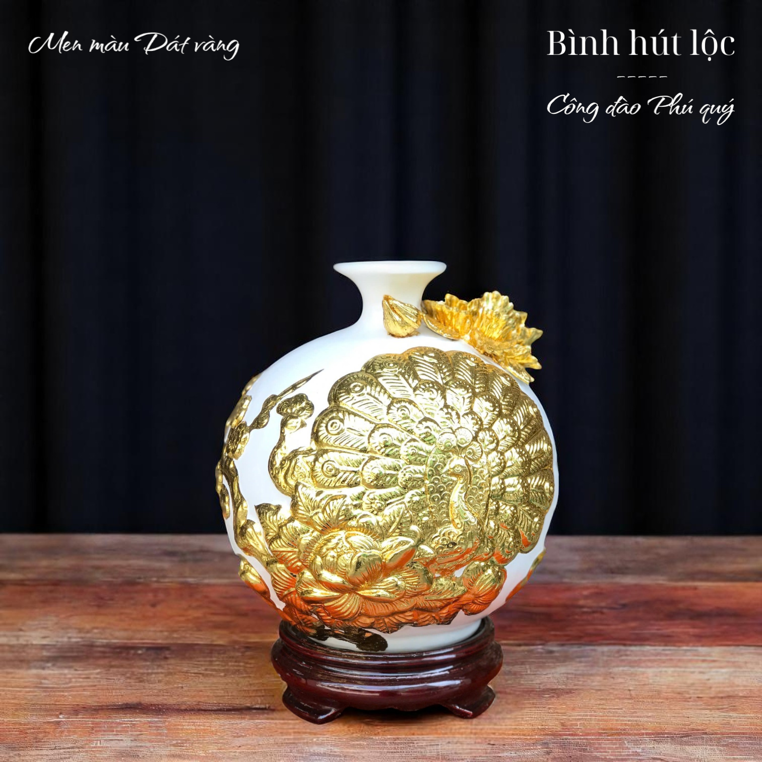 Bình hút lộc Công thành danh toại - Men màu Họa tiết Đắp nổi Dát vàng HLVHCDXDV