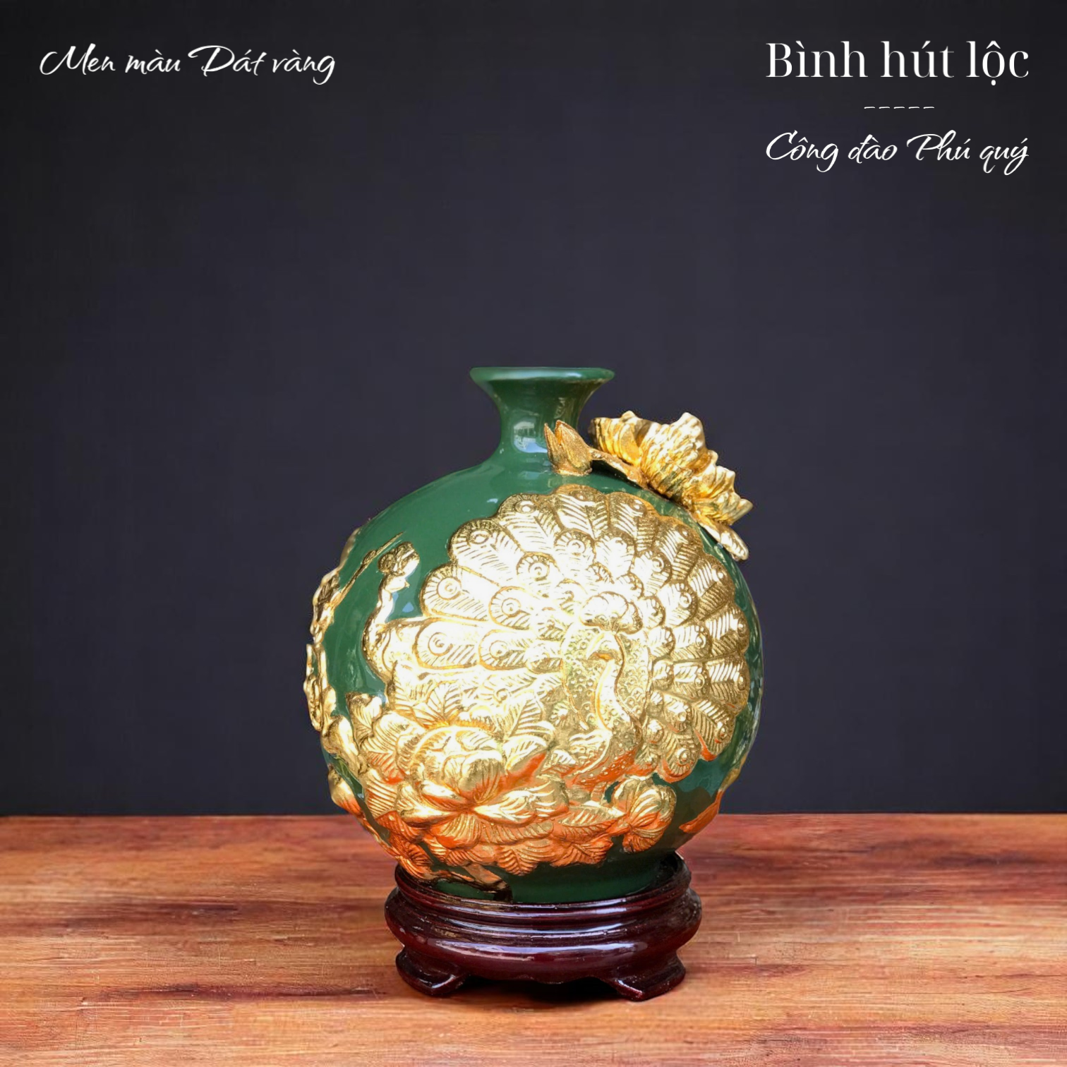 Bình hút lộc Công thành danh toại - Men màu Họa tiết Đắp nổi Dát vàng HLVHCDXDV