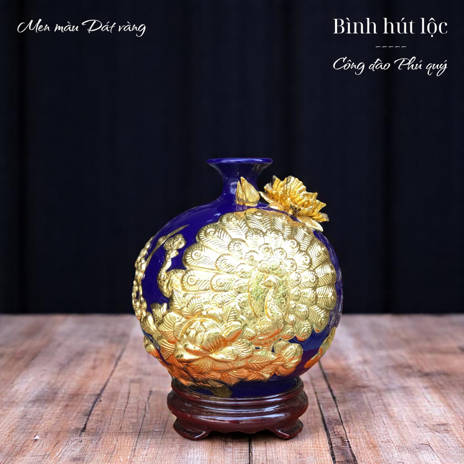 Bình hút lộc Công thành danh toại - Men màu Họa tiết Đắp nổi Dát vàng HLVHCDXDV