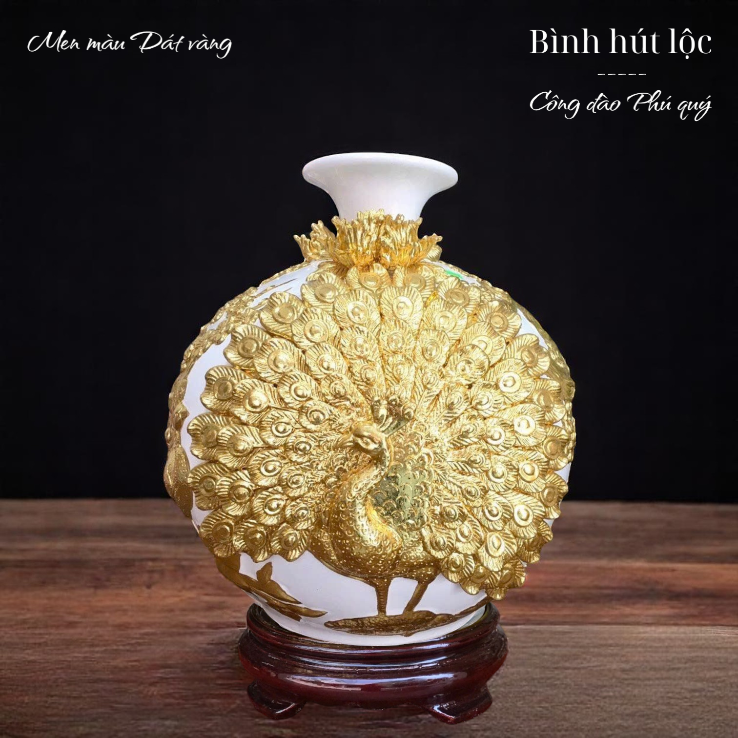 Bình hút lộc Công thành danh toại - Men màu Họa tiết Đắp nổi Dát vàng HLVHCDXDV