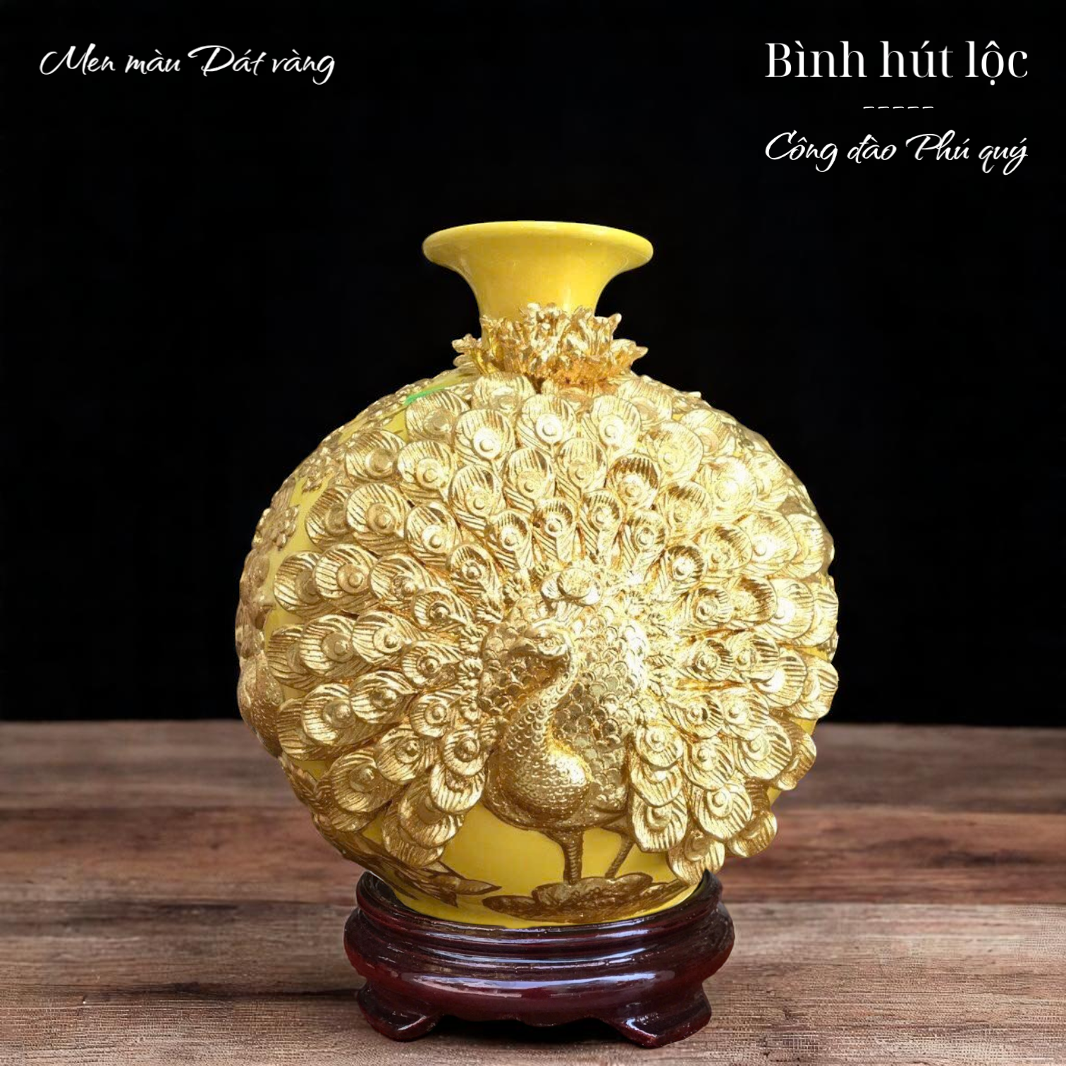 Bình hút lộc Công thành danh toại - Men màu Họa tiết Đắp nổi Dát vàng HLVHCDXDV