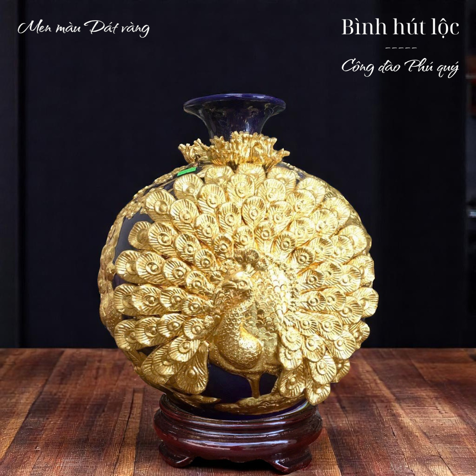 Bình hút lộc Công thành danh toại - Men màu Họa tiết Đắp nổi Dát vàng HLVHCDXDV