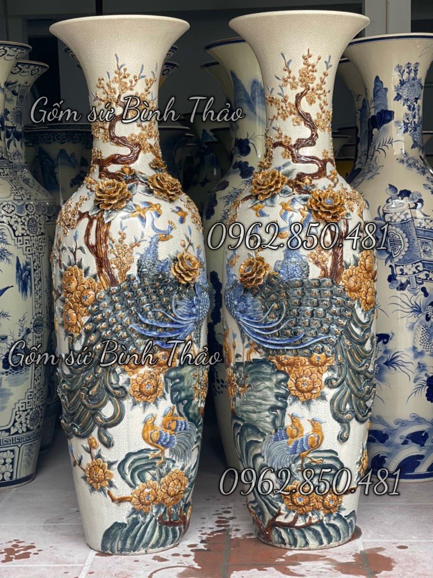 Lọ Lộc bình Công Đào Men rạn Đắp nổi Bát Tràng MH