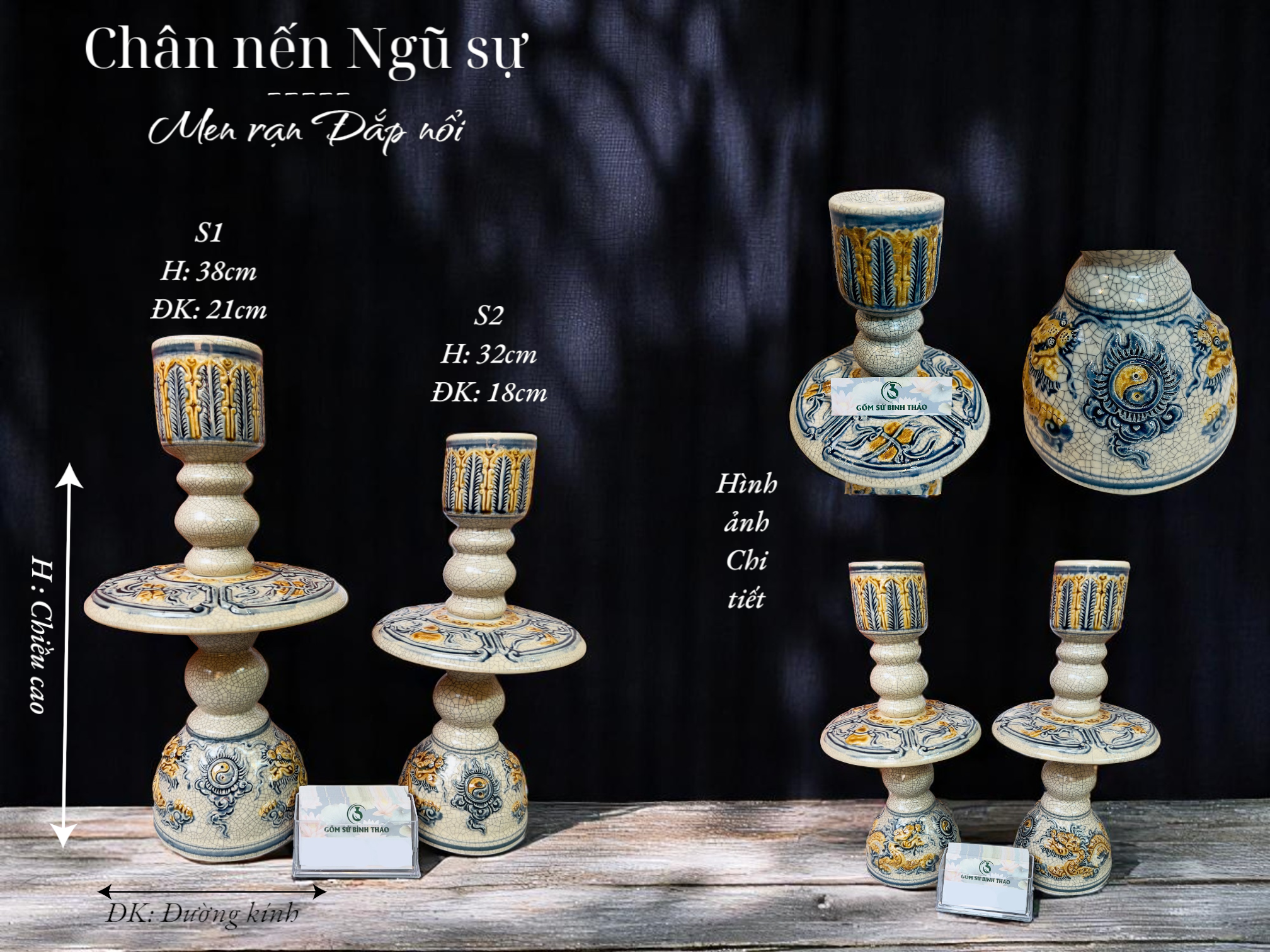 Chân nến Ngũ sự Men rạn Đắp nổi PA