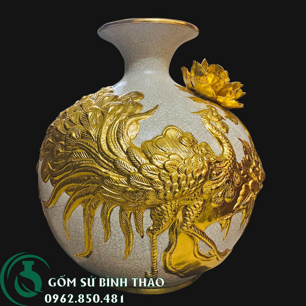 Bình hút lộc men rạn dát vàng Bát Tràng - Công thành danh toại