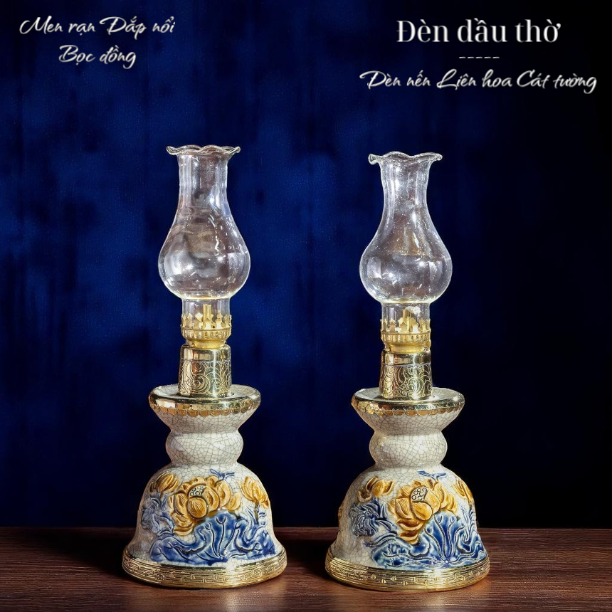 Đèn dầu Bọc đồng Men rạn Đắp nổi PA