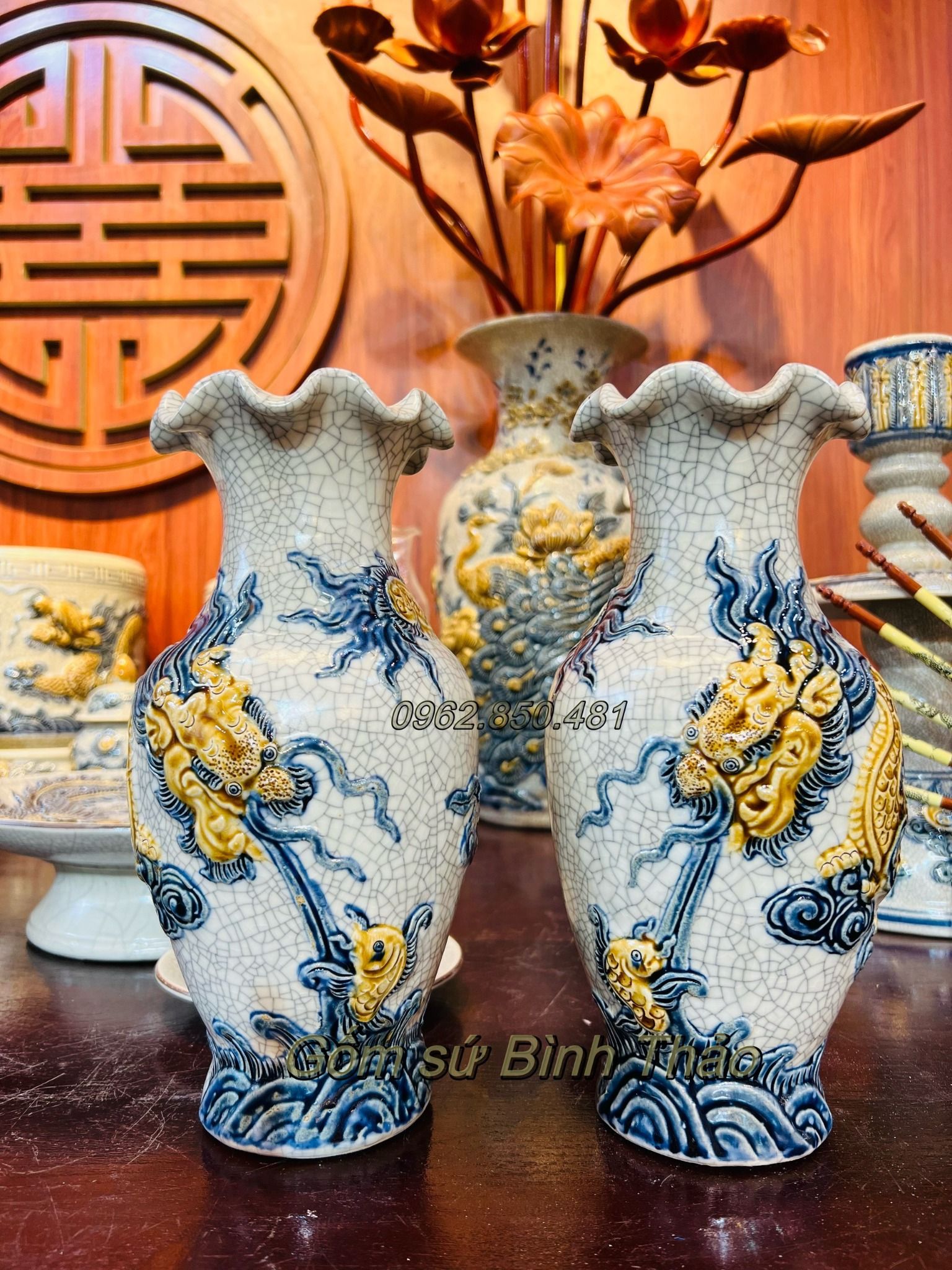 Lọ lượn Rồng Men rạn Đắp nổi PA