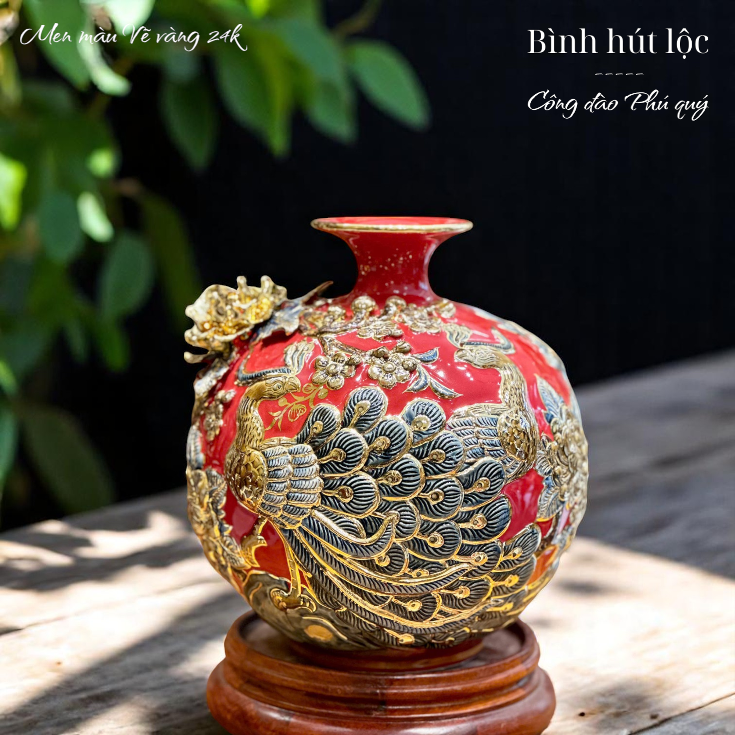 Bình hút tài lộc - Công đào Phú quý - Đắp nổi men màu - Hàng vẽ vàng 24k Cao cấp Bát Tràng HLSACDVV