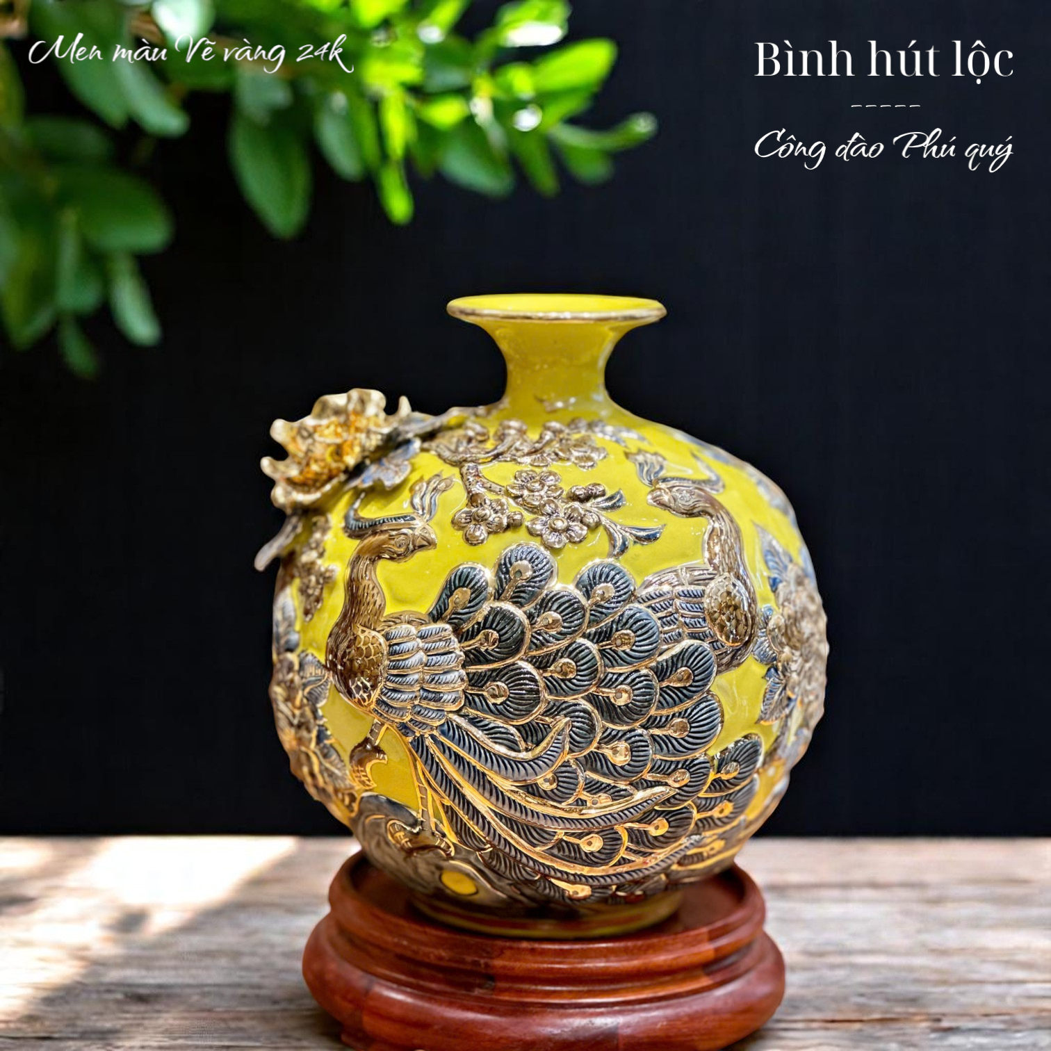 Bình hút tài lộc - Công đào Phú quý - Đắp nổi men màu - Hàng vẽ vàng 24k Cao cấp Bát Tràng HLSACDVV