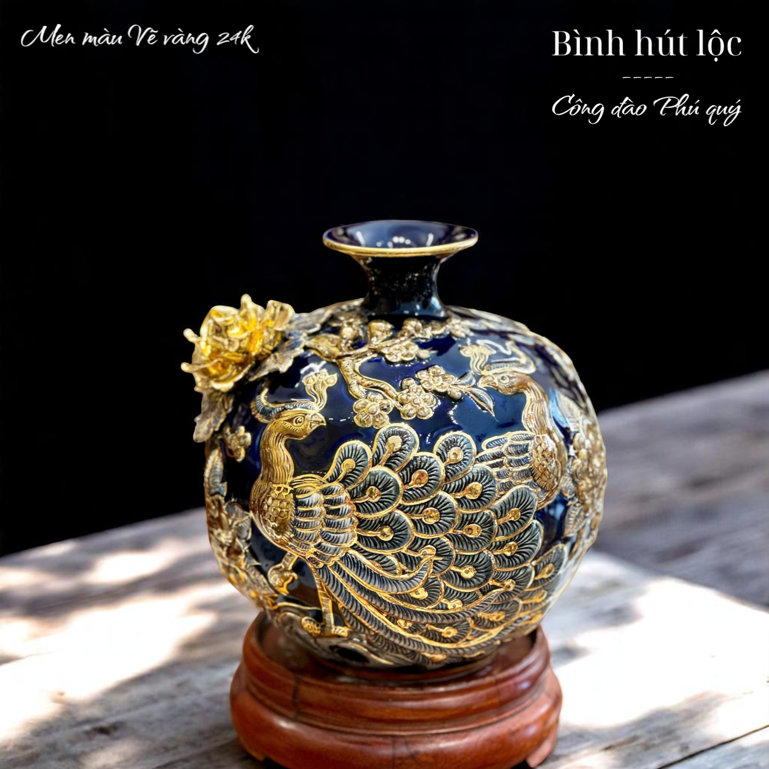 Bình hút tài lộc - Công đào Phú quý - Đắp nổi men màu - Hàng vẽ vàng 24k Cao cấp Bát Tràng HLSACDVV