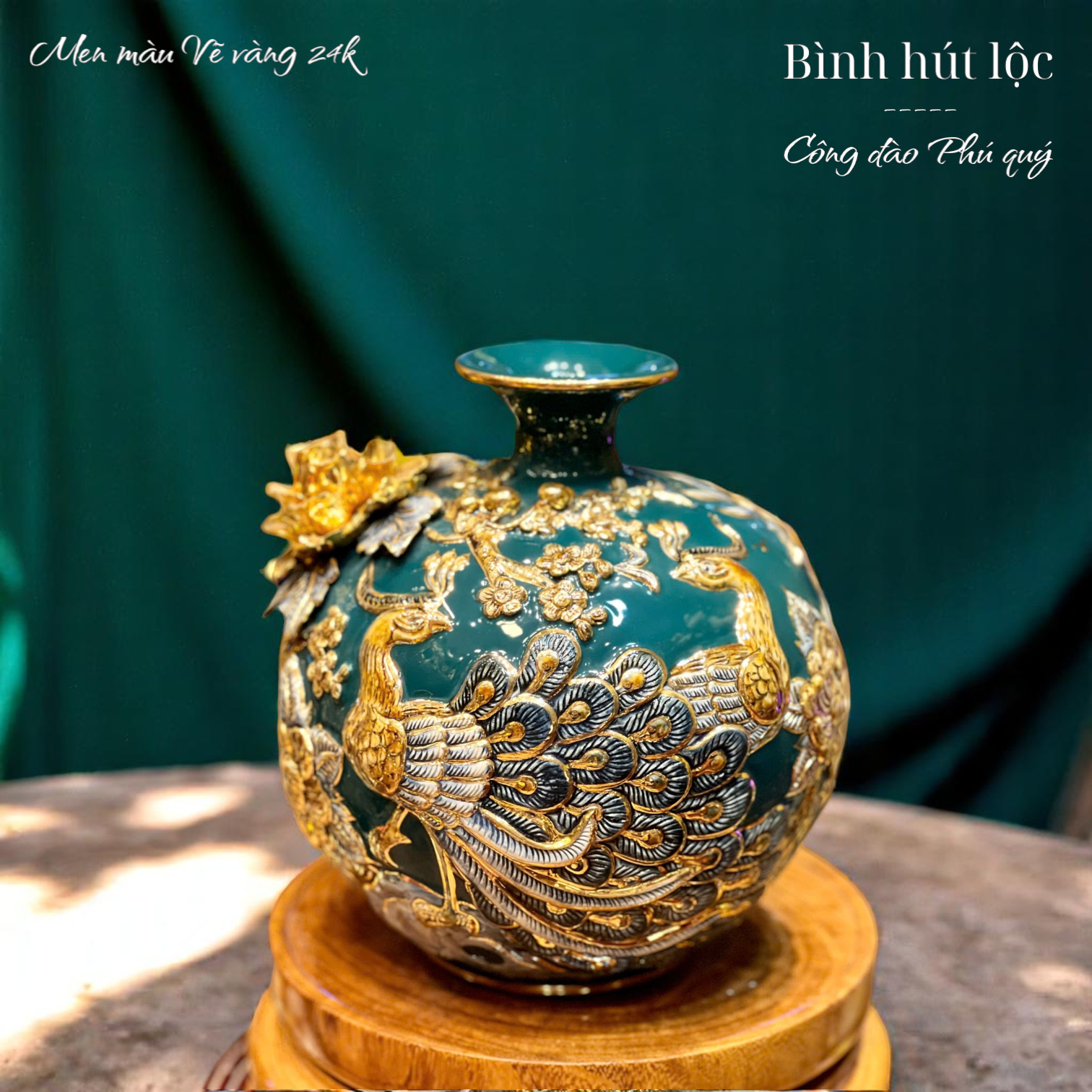 Bình hút tài lộc - Công đào Phú quý - Đắp nổi men màu - Hàng vẽ vàng 24k Cao cấp Bát Tràng HLSACDVV