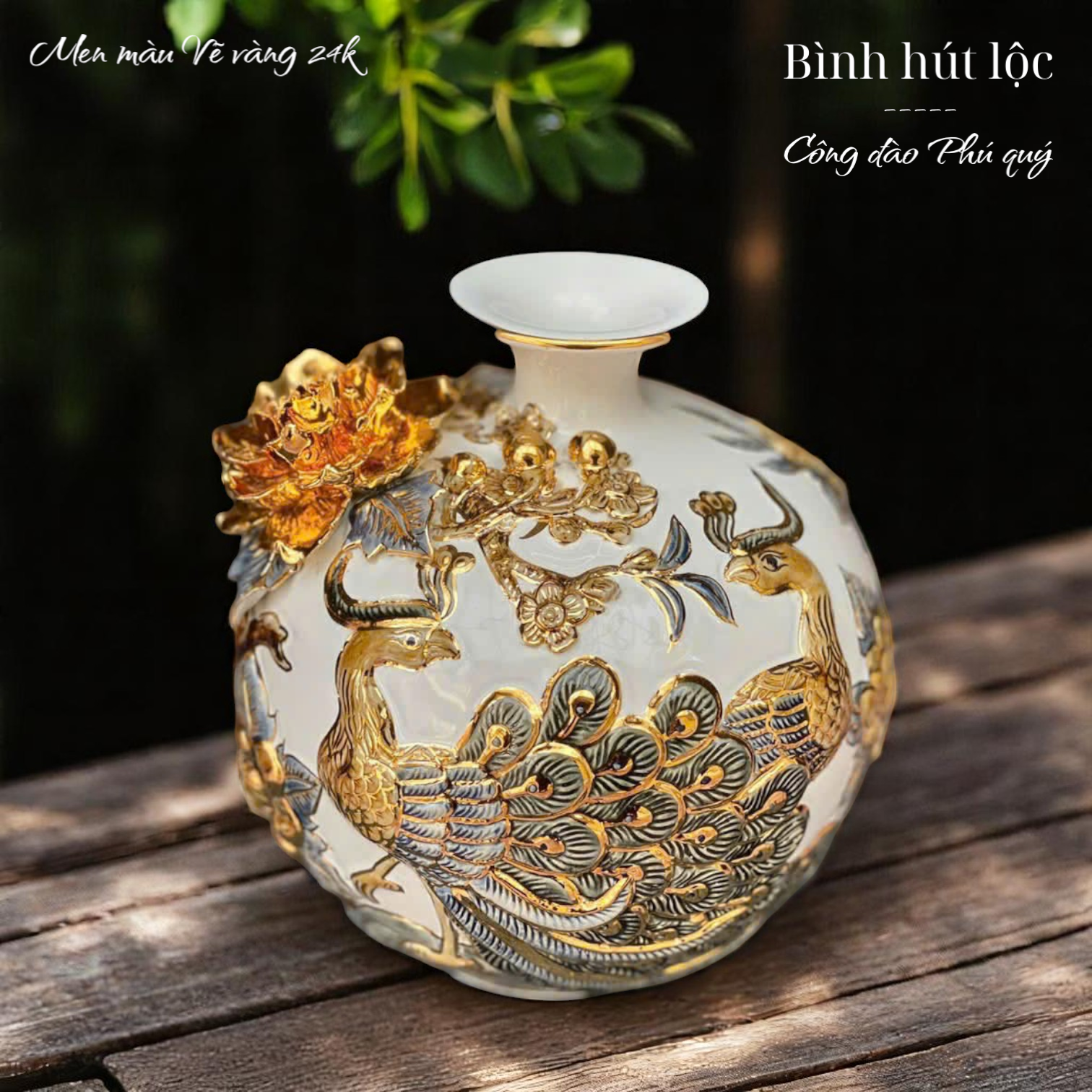 Bình hút tài lộc - Công đào Phú quý - Đắp nổi men màu - Hàng vẽ vàng 24k Cao cấp Bát Tràng HLSACDVV