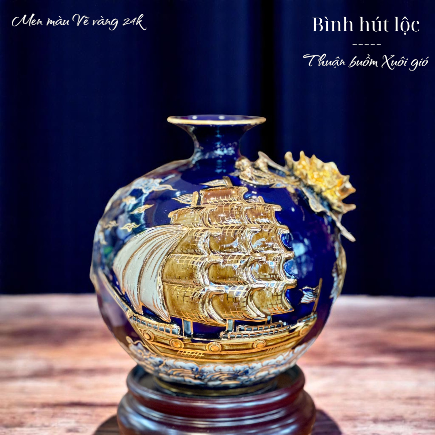 Bình hút tài lộc đắp nổi men màu - hàng vẽ vàng 24k cao cấp Bát Tràng HLSATBVV