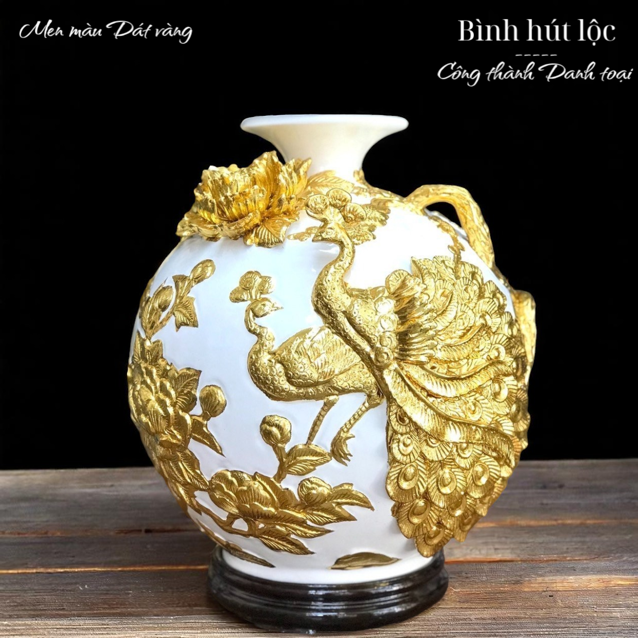 Bình hút lộc Công thành Danh toại Đắp nổi Dát vàng - Hàng Nghệ nhân Bát Tràng