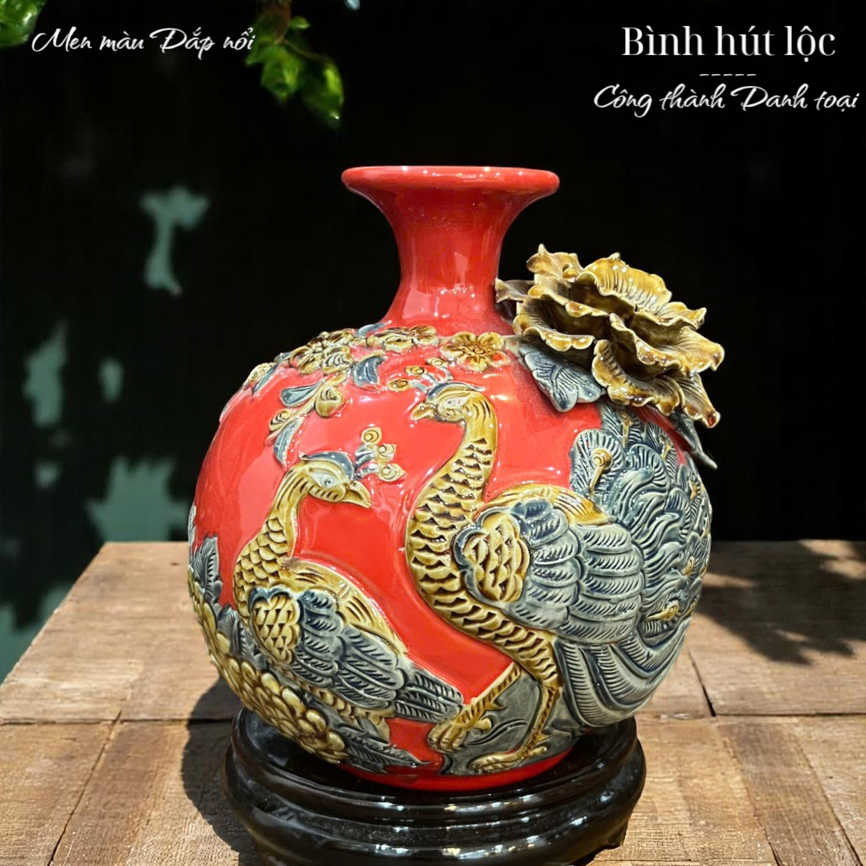 Bình hút lộc Công thành danh toại Men rạn đắp nổi - Hàng nghệ nhân Bát Tràng HLHNCĐ