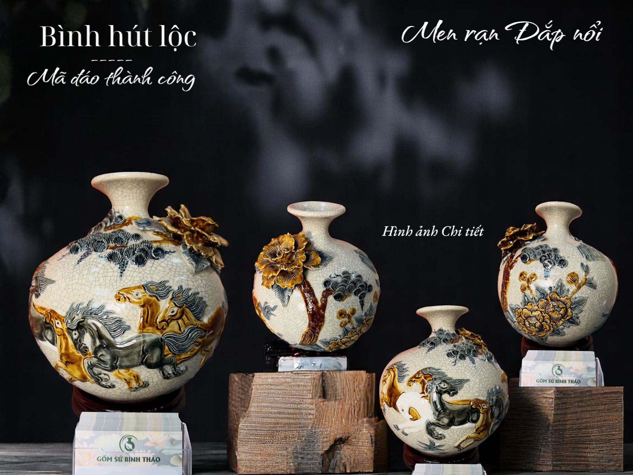 Bình hút lộc Mã đáo thành công Men rạn đắp nổi - Hàng nghệ nhân Bát Tràng HN