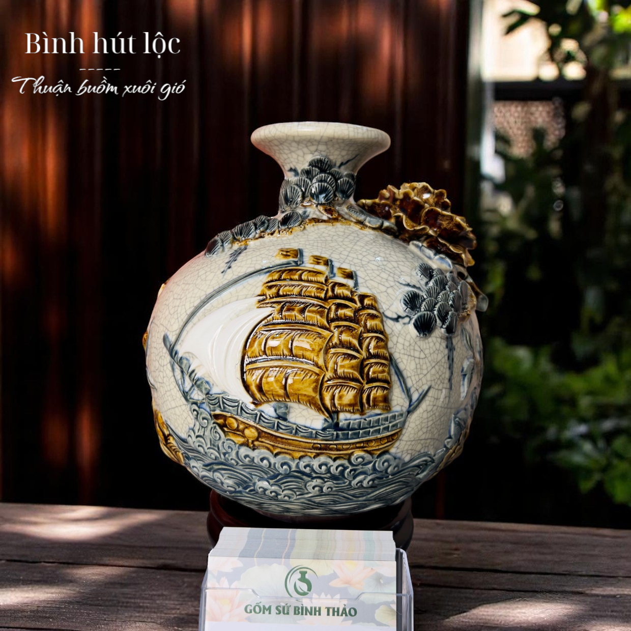 Bình hút lộc Thuận buồm xuôi gió Men rạn đắp nổi - Hàng nghệ nhân Bát Tràng HN