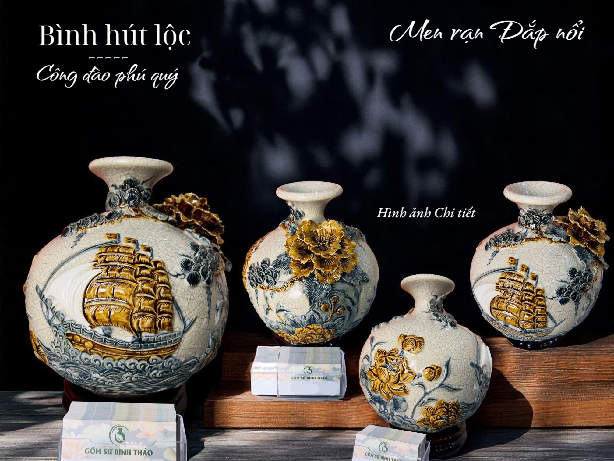Bình hút lộc Thuận buồm xuôi gió Men rạn đắp nổi - Hàng nghệ nhân Bát Tràng HN