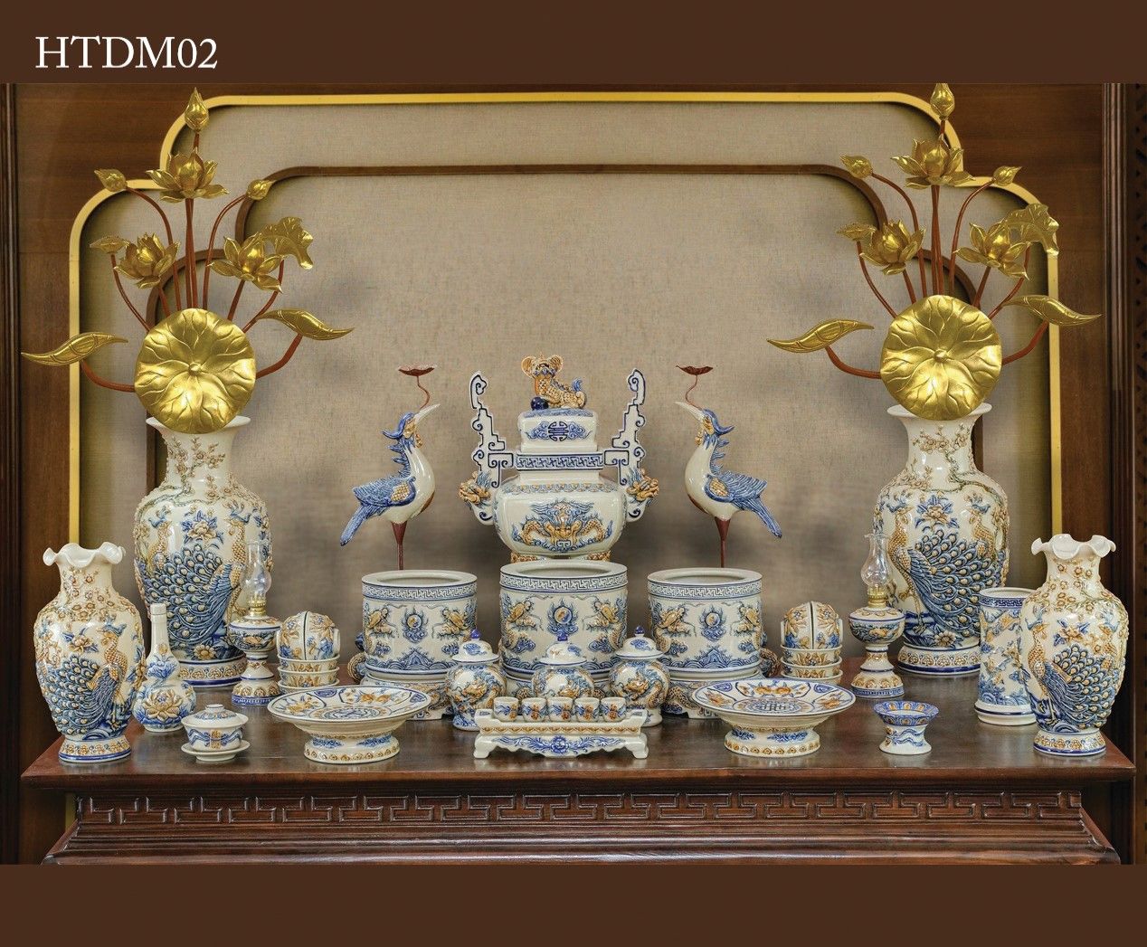 Bộ Đồ thờ Gia tiên Gốm sứ Bát Tràng Men Hoàng Thổ đắp nổi Gốm Nghệ nhân Bát Tràng HTDM02