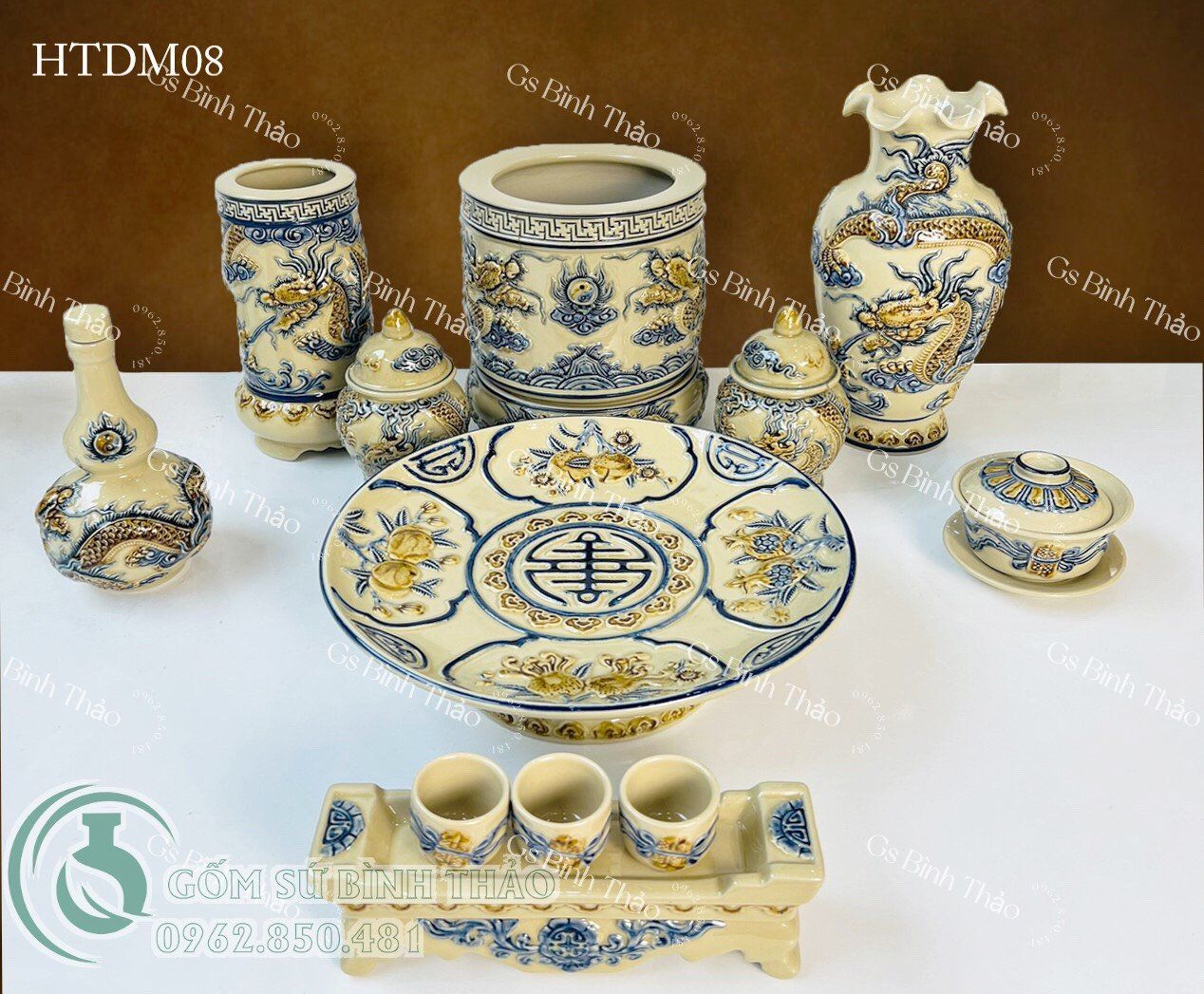 Bộ Đồ thờ Chung cư Men Hoàng Thổ đắp nổi Gốm Nghệ nhân Bát Tràng HTDM08