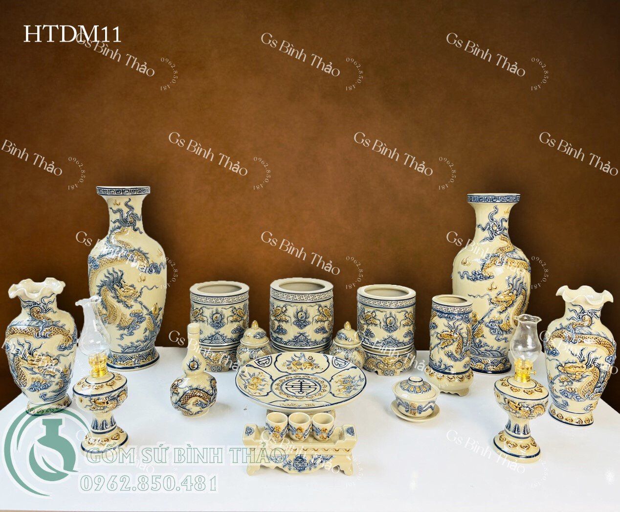 Đồ thờ Gốm sứ Bát Tràng Cao cấp Men Hoàng Thổ đắp nổi - Hàng Nghệ nhân HTDM11