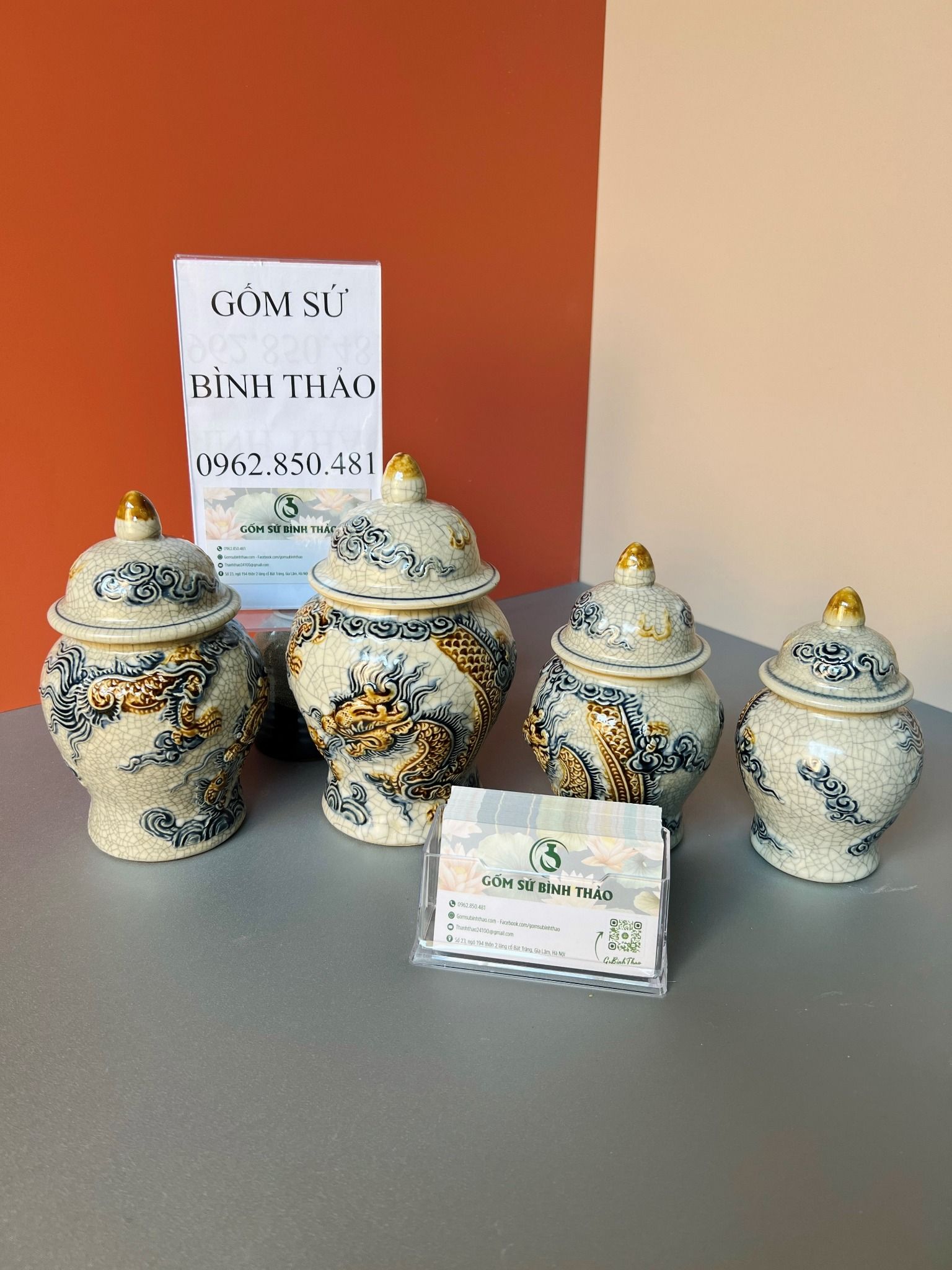 Bộ Bát hương đầy đủ Gốm sứ Bát Tràng Men rạn Đắp nổi - Hàng chuẩn Nghệ nhân MRBT03