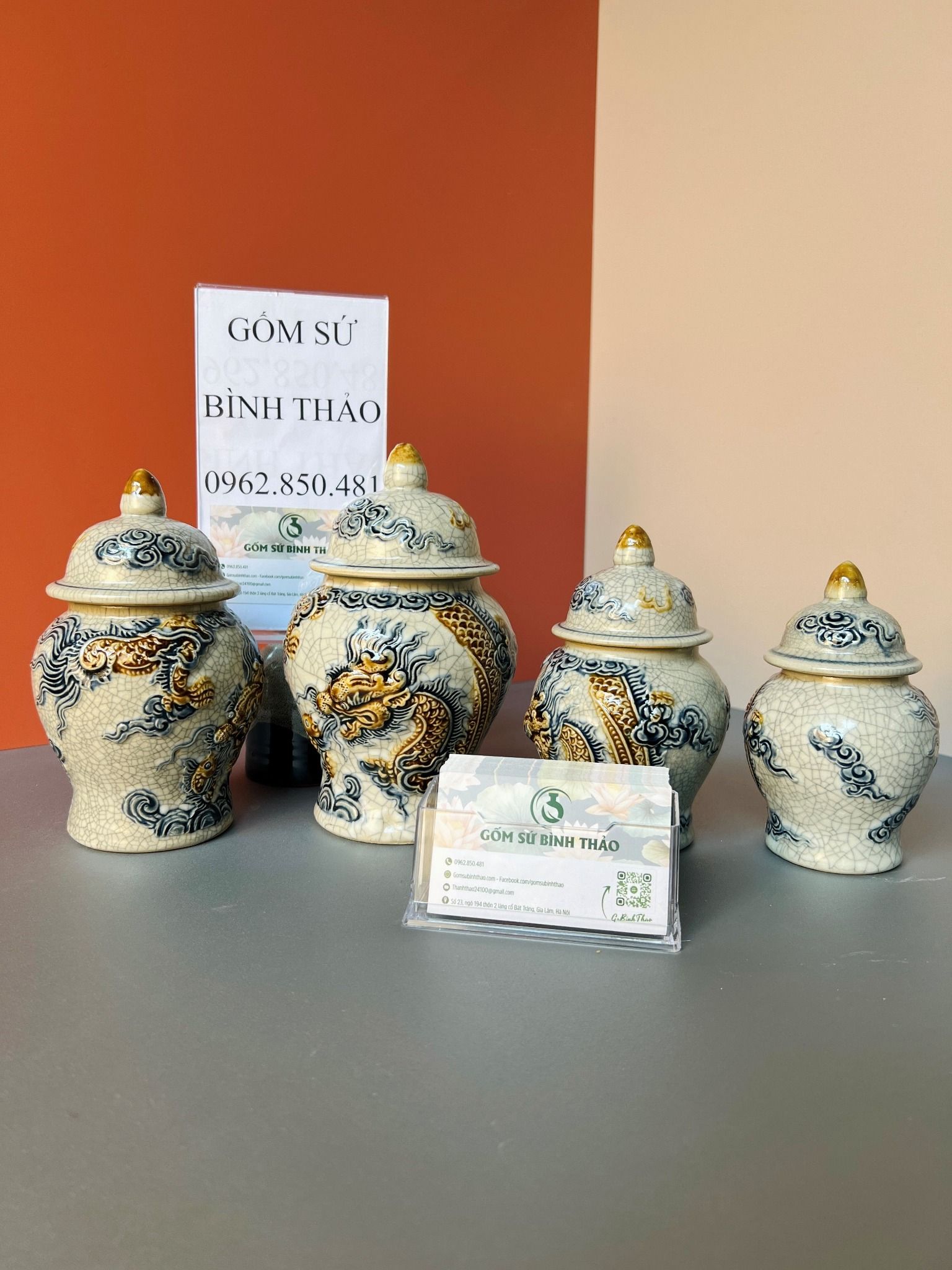 Bộ đồ thờ cơ bản thờ Gia tiên Gốm sứ Men rạn Đắp nổi Bát Tràng BT22
