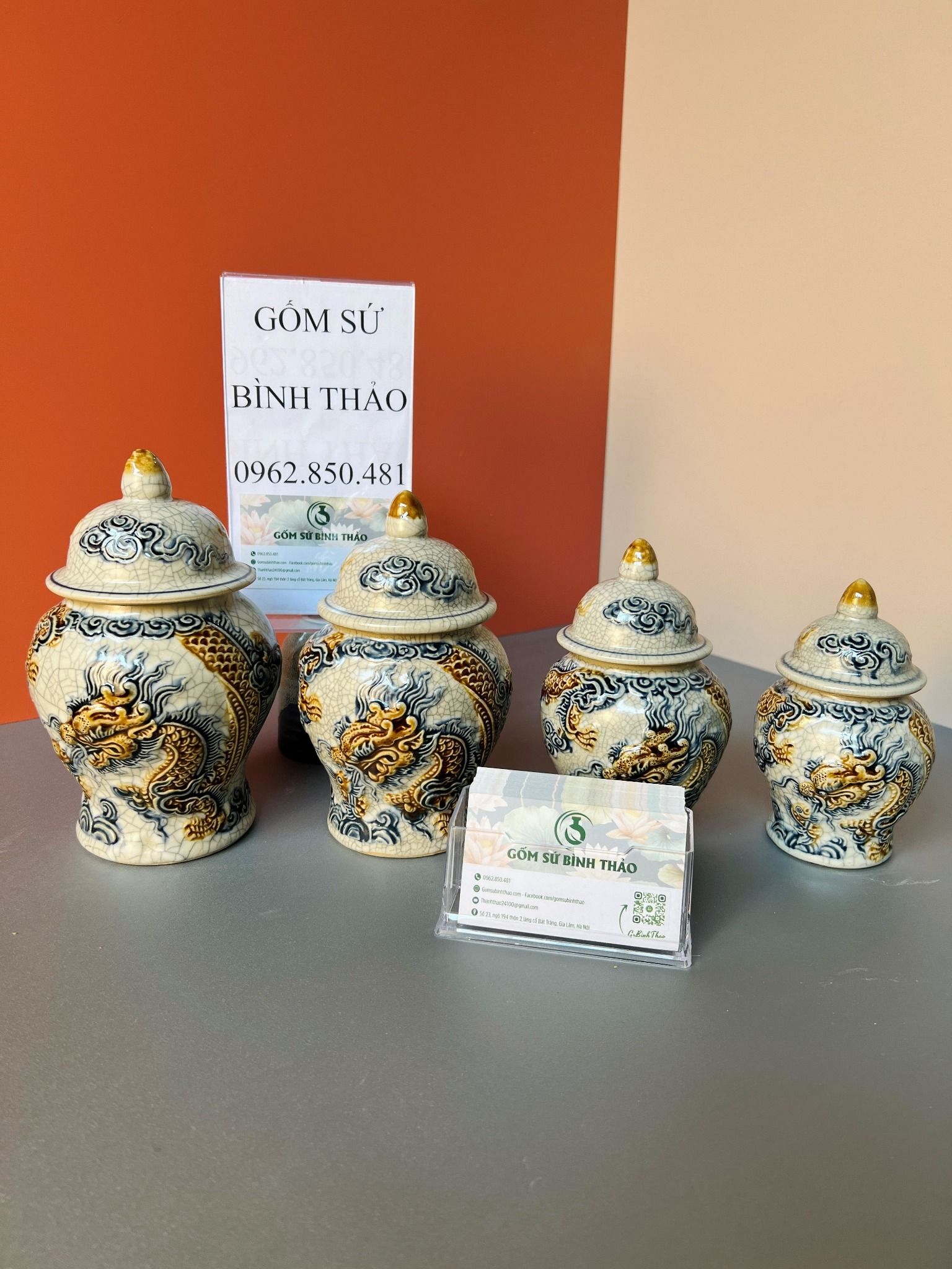 Bộ thờ Đầy đủ Đỉnh hạc Gốm sứ Bát Tràng Men rạn Đắp nổi - Hàng chuẩn Nghệ nhân MRBT04