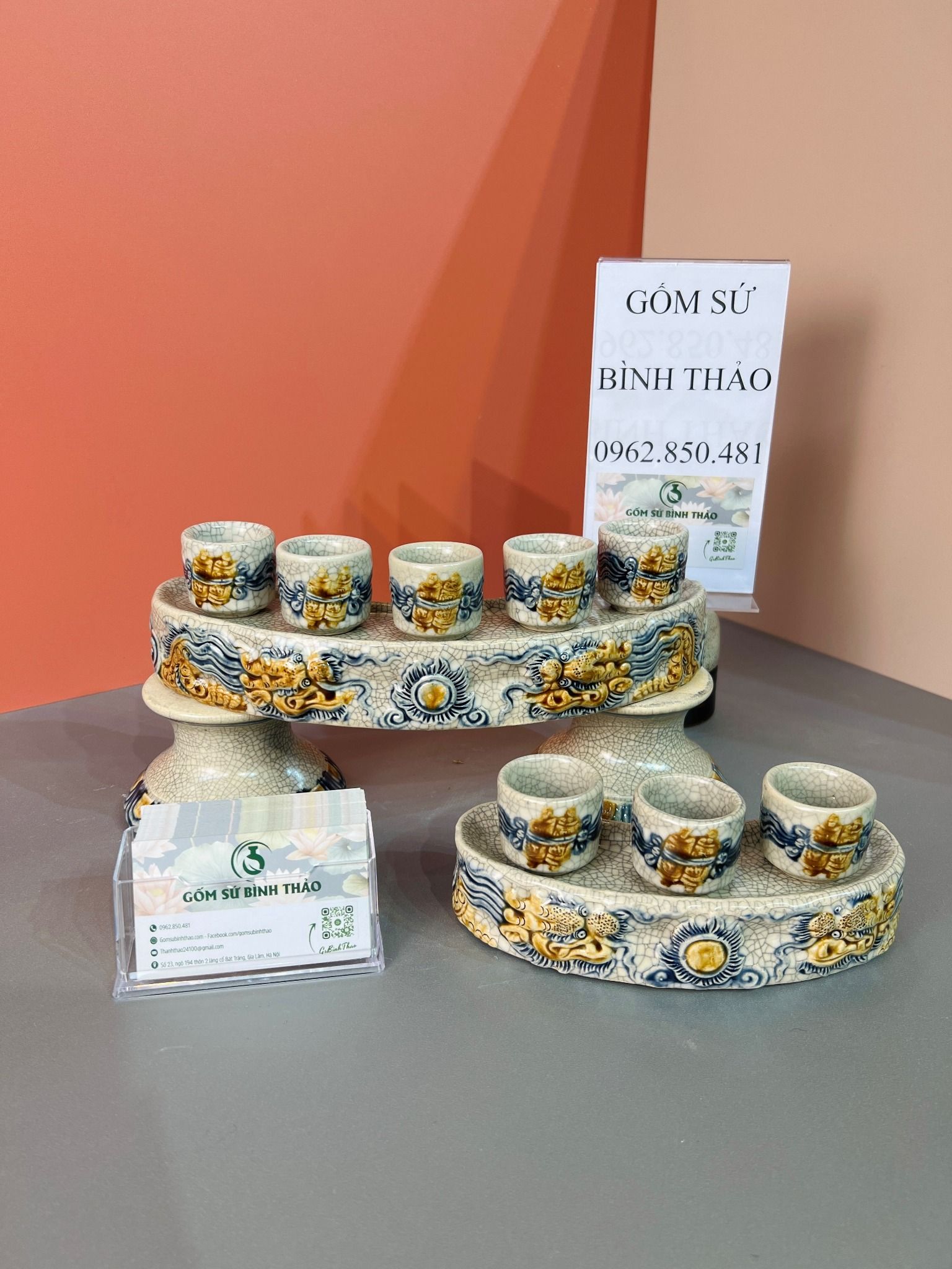 Bộ đồ thờ cơ bản thờ Gia tiên Gốm sứ Men rạn Đắp nổi Bát Tràng BT22