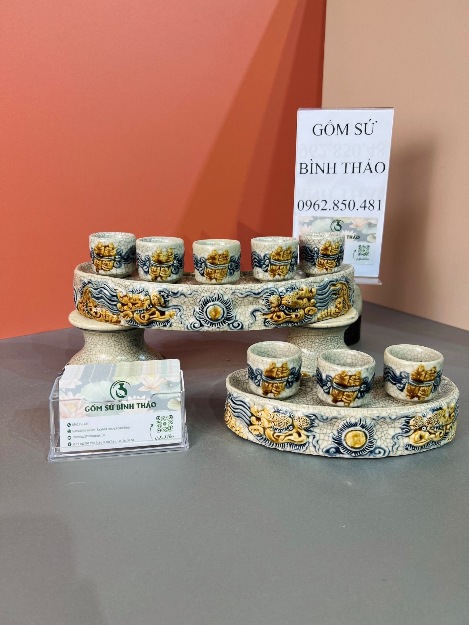 Bộ thờ Đầy đủ Đỉnh hạc Gốm sứ Bát Tràng Men rạn Đắp nổi - Hàng chuẩn Nghệ nhân MRBT04
