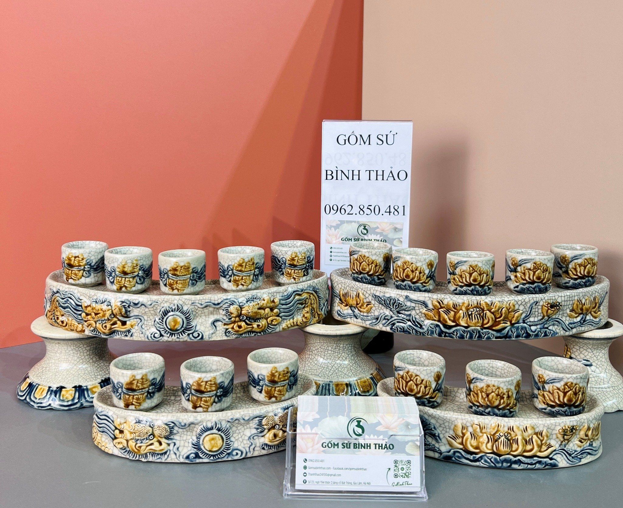 Đồ thờ Bát Tràng Họa tiết Sen Men rạn Đắp nổi - Hàng chuẩn Nghệ nhân MRBT13